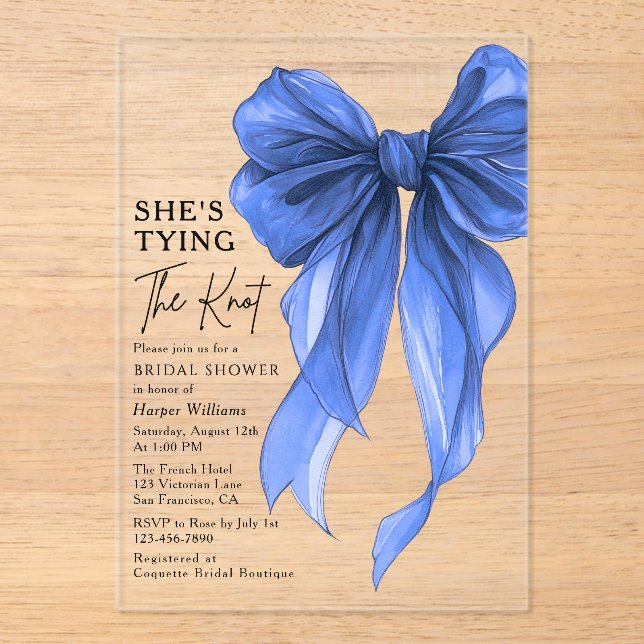 Blue Bow She's Tying The Knot Bridal Shower Acrylic Invitations (Front)