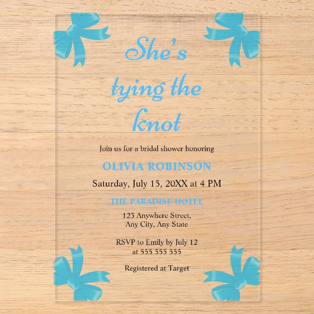Blue Bow She's Tying the Knot Bridal Shower  Acrylic Invitations (Front)