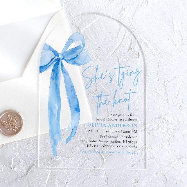 Blue Bow She's Tying the Knot Bridal Shower Acrylic Invitations (Creator Uploaded)