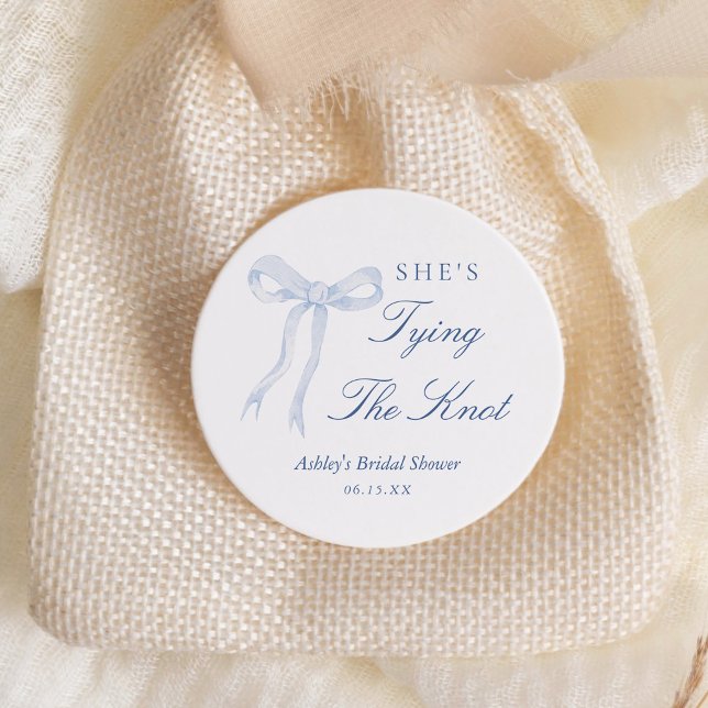 Blue Bow She's Tying The Knot Bridal Shower Classic Round Sticker (Creator Uploaded)