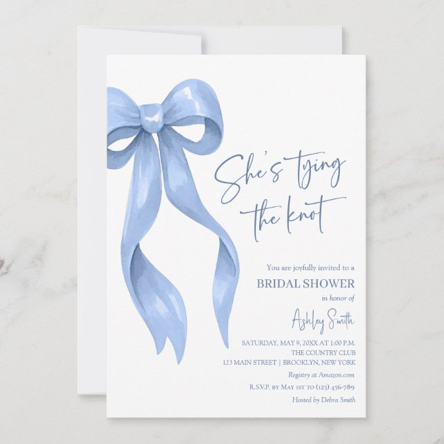 Blue Bow She's Tying the Knot Bridal Shower Invitation (Front)