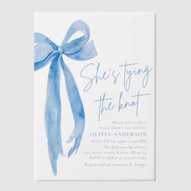 Blue Bow She's Tying the Knot Bridal Shower Vellum Invitations (Front)