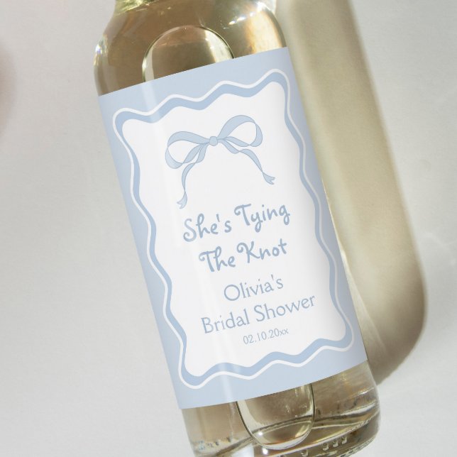 Blue Bow She's Tying the Knot Bridal Shower Wine Label (Creator Uploaded)