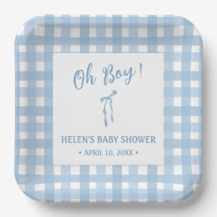 Blue bow simple boys baby shower paper plate 