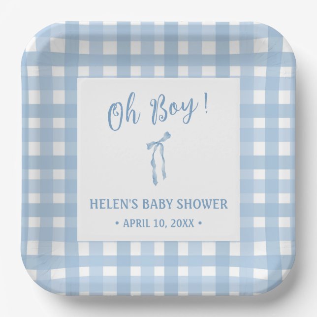 Blue bow simple boys baby shower paper plate  (Front)