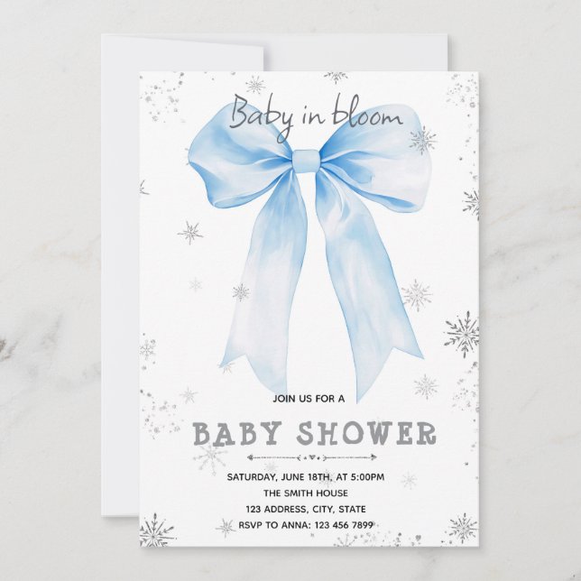 Blue Bow snowflake invitation (Front)