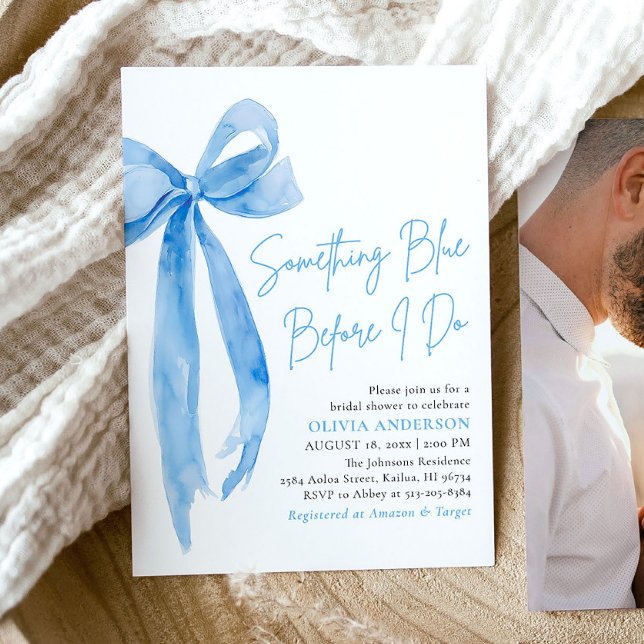 Blue Bow Something Blue Before I Do Bridal Shower Invitation (Modern Watercolor Blue Bow Something Blue Before I Do Bridal Shower Invitation)