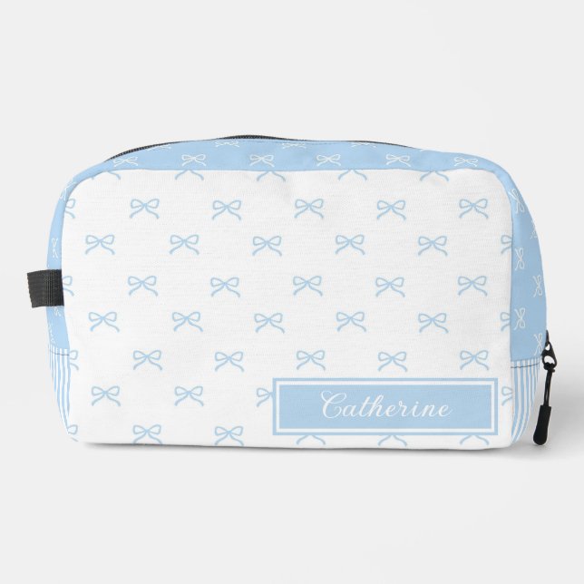 Blue Bow & Stripe Pattern Coquette Cosmetic Dopp Kit (Front)