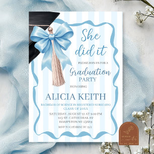 Blue Bow Stripes Coquette Tassel Graduation party  Invitation