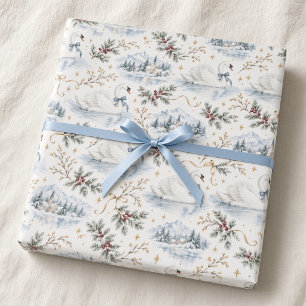 Blue Bow Swan Winter Wonderland Wrapping Paper
