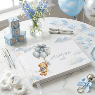 Blue Bow Teddy Bear Balloons Clouds Baby Boy Guest Book