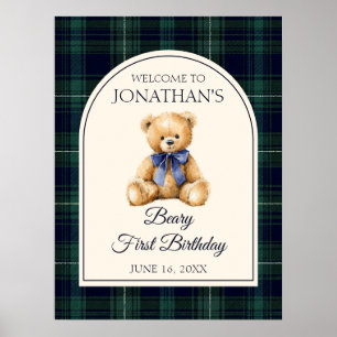 Blue Bow Teddy Bear Birthday Welcome Sign