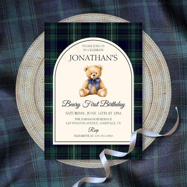 Blue Bow Teddy Bear Tartan Birthday Invitation (Blue Bow Teddy Bear Tartan Birthday Invitation)