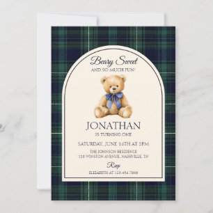 Blue Bow Teddy Bear Tartan Birthday Invitation