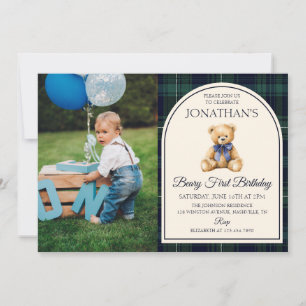 Blue Bow Teddy Bear Tartan Photo Birthday Invitation