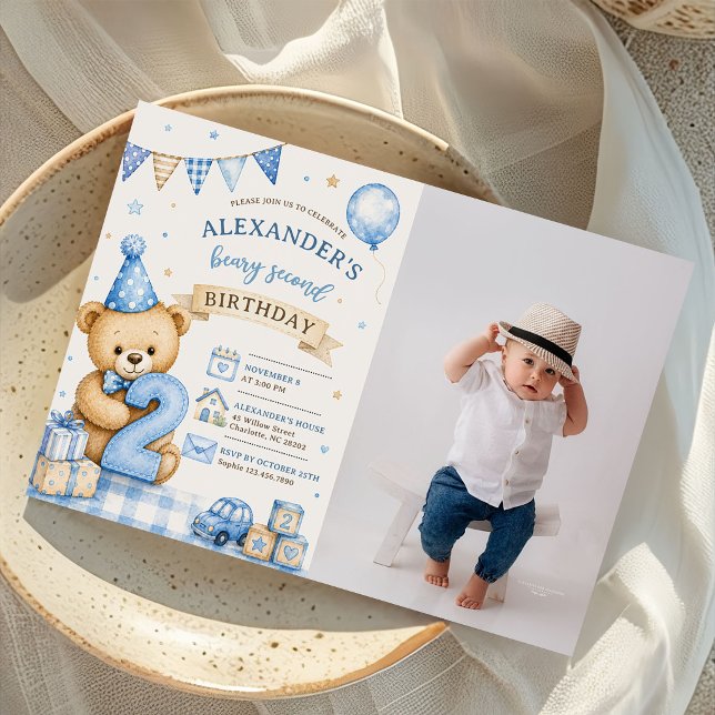 Blue Bow Teddy Beary Second Birthday Photo Invitation (Creator Uploaded)