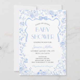 Blue Bow Toile De Jouy Boy Baby Shower Invitation