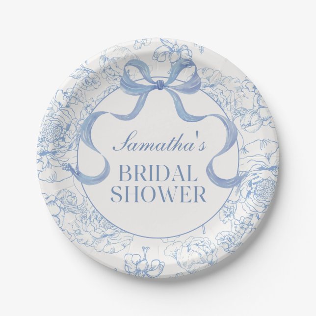 Blue Bow Toile Floral Bridal Shower Paper Plates (Front)