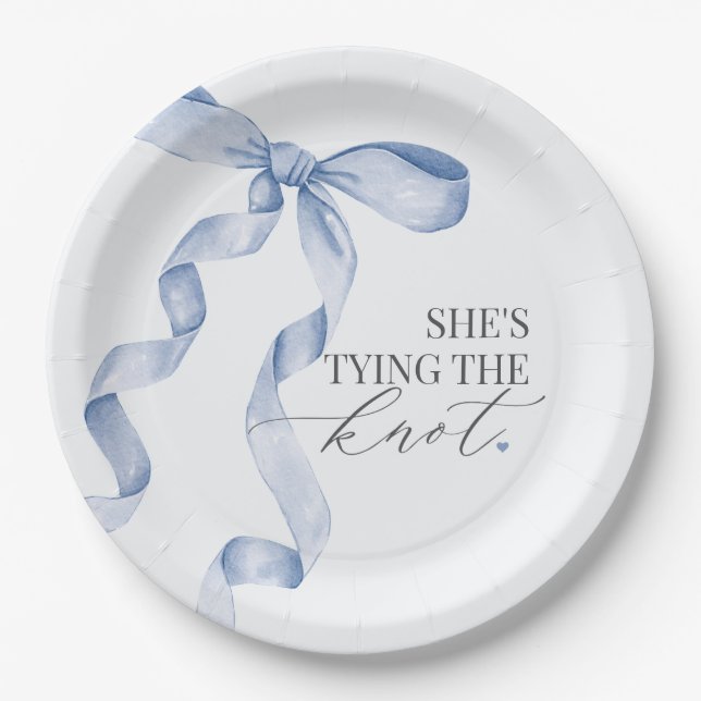 Blue Bow Tying the Knot Bridal Shower Decor Paper Plate (Front)