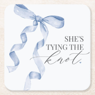 Blue Bow Tying the Knot Bridal Shower Decor Square Paper Coaster