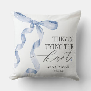 Blue Bow Tying the Knot Bridal Shower Gift Throw Pillow