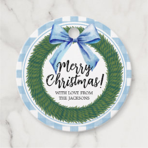 Blue Bow Watercolor Christmas Wreath Favour Tags