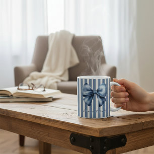Blue Bow Watercolor Stripe Design Coffee Mug