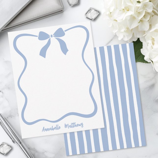 Blue Bow Wavy Border Personalized Card (Blue Bow Wavy Border Personalized Note Card)
