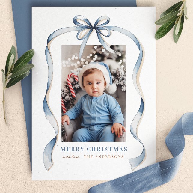  Blue Bow Wavy Ribbon Frame Merry Christmas Photo Holiday Card (Creator Uploaded)