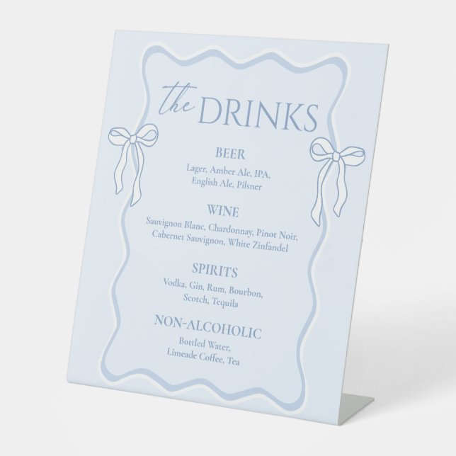 Blue Bow Wedding Bar Drink Menu Pedestal Sign (Front)