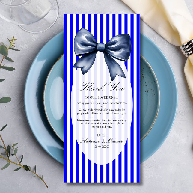 Blue Bow Wedding Place Setting Thank You Card (Creator Uploaded)