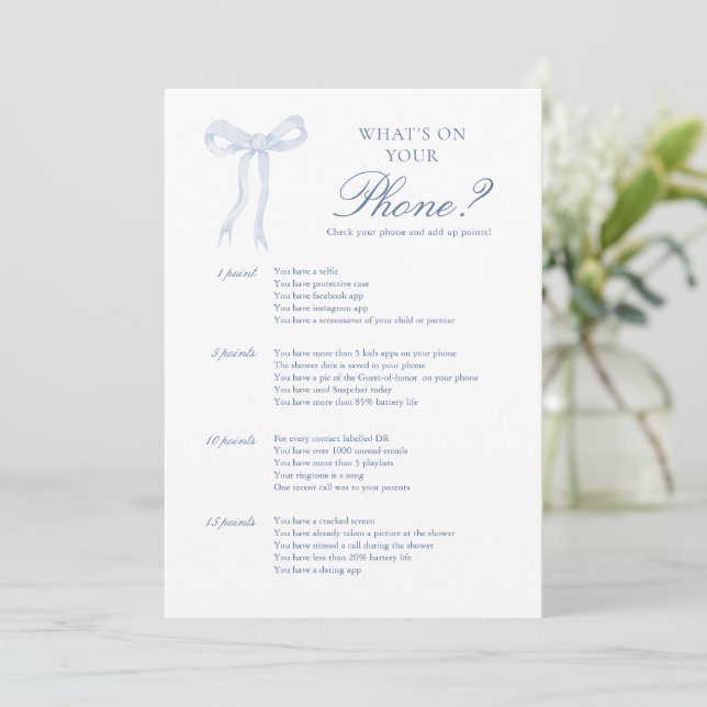 Blue Bow What's On Your Phone Bridal Shower Game Advice Card (Standing Front)