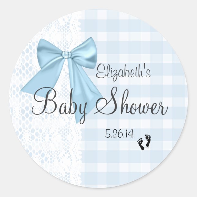 Blue Bow, White Lace and Blue Gingham Baby Shower- Classic Round Sticker (Front)
