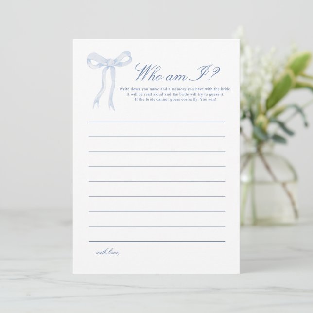 Blue Bow Who am I Bridal Shower Game Advice Card (Standing Front)