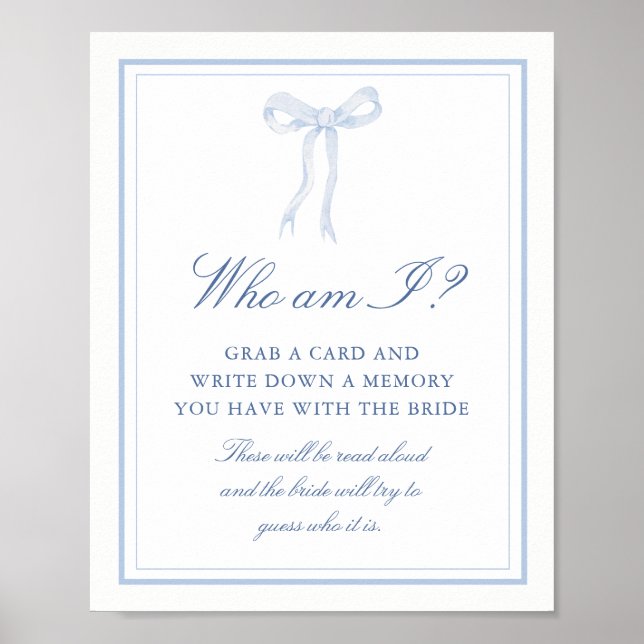 Blue Bow Who Am I Bridal Shower Game Sign (Front)