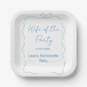 blue bow wife of the party name date spanish borde paper plate