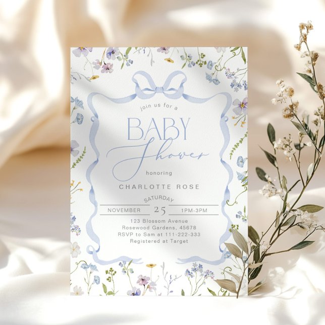 Blue Bow Wildflower Ribbon frame Baby Boy Shower Invitation (Creator Uploaded)
