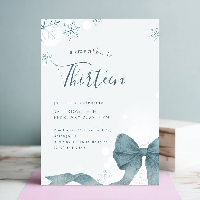 Blue Bow Winter Snowflake 13th Birthday Party Invitation (Creator Uploaded)
