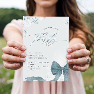 Blue Bow Winter Snowflake 30th Birthday Party Invitation