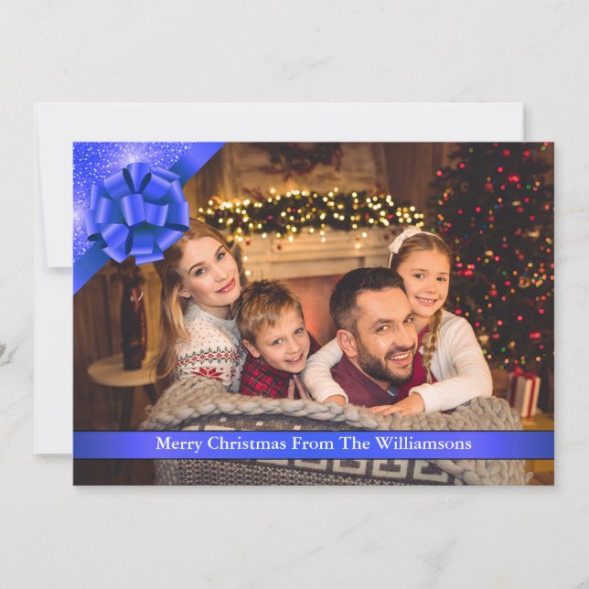 Blue Bow With Blue Ribbon Merry Christmas Photo Holiday Card (Front)
