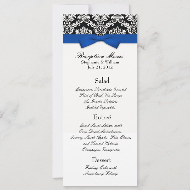 Blue Bow with Damask Wedding Reception Menu Invitation (Front)