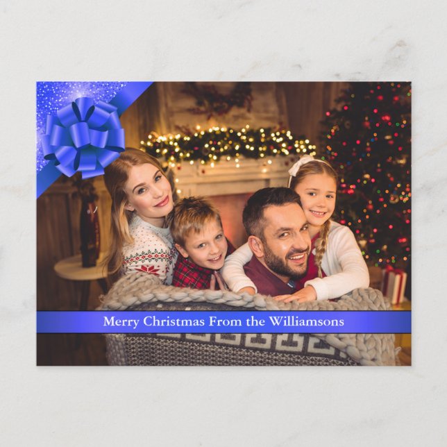 Blue Bow with Ribbon Merry Christmas Photo Holiday Postcard (Front)