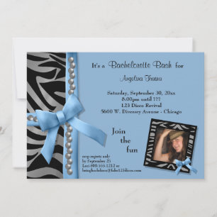Blue Bow With Silver Pearls And Zebra Stripes Invitation