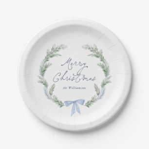Blue Bow Wreath Botanical Christmas Paper Plate