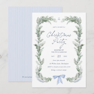 Blue Bow Wreath Botanical Christmas Party Invitation