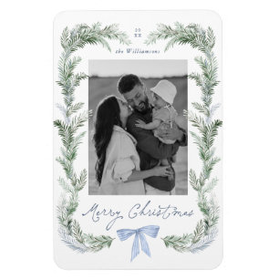 Blue Bow Wreath Botanical Christmas Photo Magnet