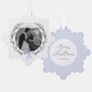 Blue Bow Wreath Botanical Christmas Photo Ornament Card