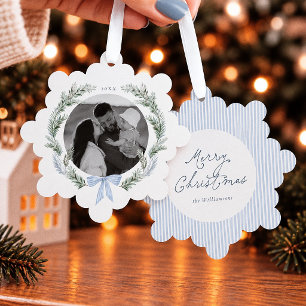 Blue Bow Wreath Botanical Christmas Photo Ornament Card