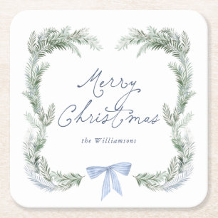 Blue Bow Wreath Botanical Christmas Square Paper Coaster