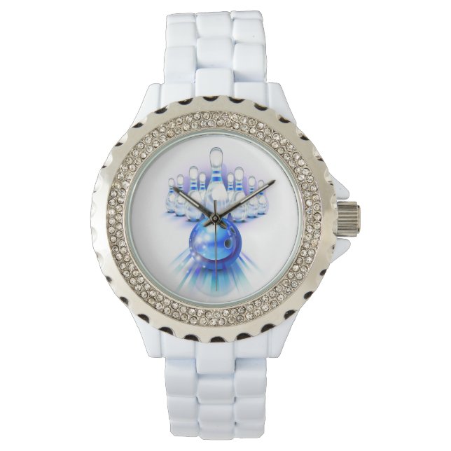 Blue bowling ball in motion and the pins watch (Front)